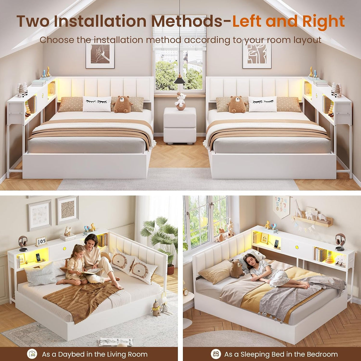 DICTAC Corner Full Bed Frame with Hydraulic Storage,Charging Station & Led Lights Corner Lift up Bed with Storage Drawers & Upholstered Headboard & Bookcase,Full Size Daybed for Teen/Adult,White