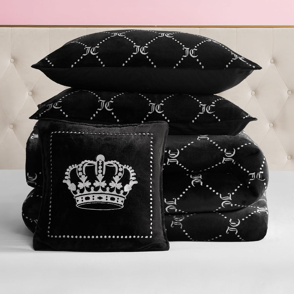 Juicy Couture Plush Reversible Trellis Link 4-Piece King Comforter Set with Decorative Pillow, Black