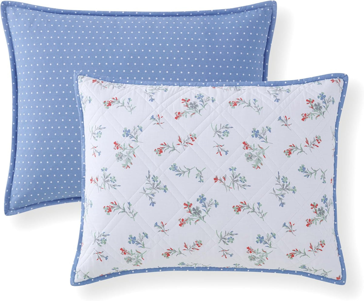 Martha Stewart 100% Cotton 3 Piece Reversible Quilt Set, Washed, Percale, Light Blue/White, 1 Quilt, 2 King Shams, Soft and Breathable, Lightweight, Ditsy Floral Printed Bedspread, King Size