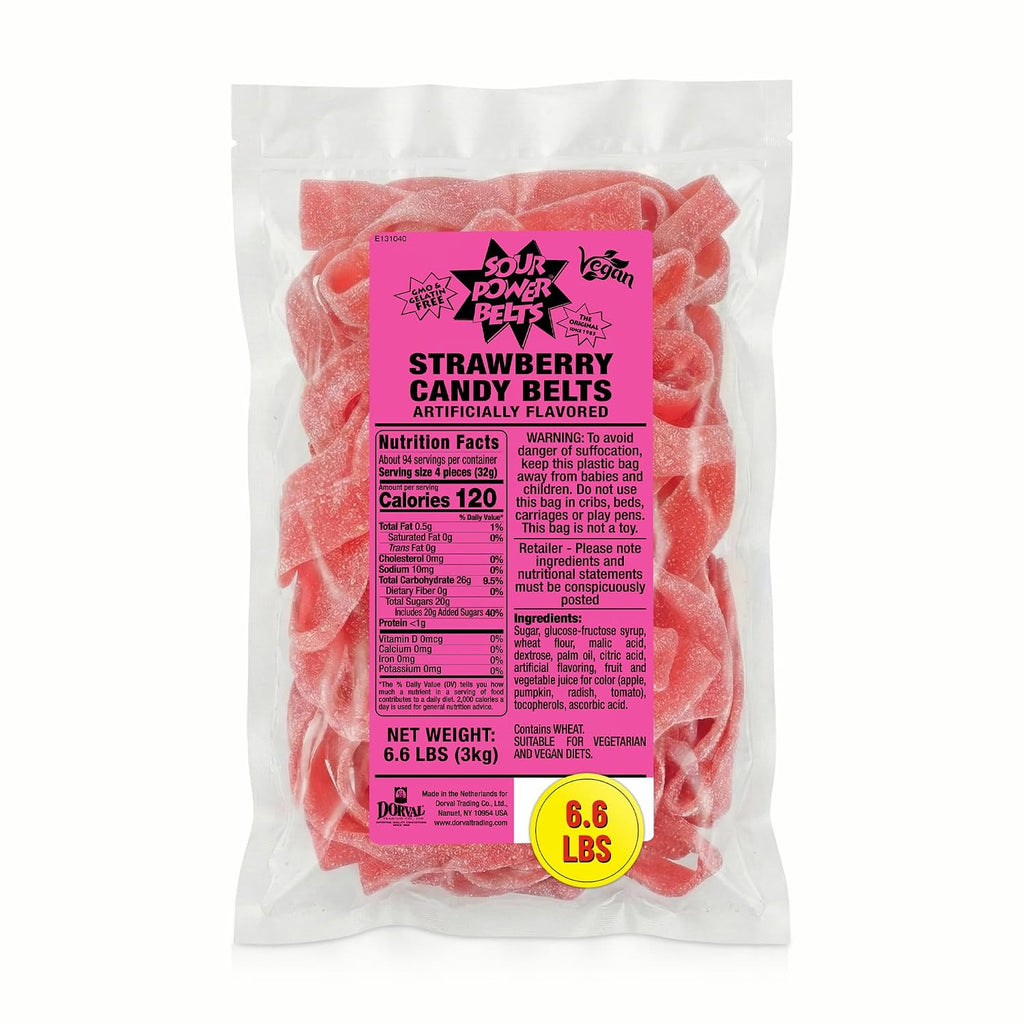 Sour Power Premium Strawberry Candy Belts – The Original Sour Candy Since 1985 – 6.6 lb Bulk Bag (Pack of 3) – Vegan, Non-GMO, Gelatin Free – Soft, Chewy, Sweet & Tart Retro Treats