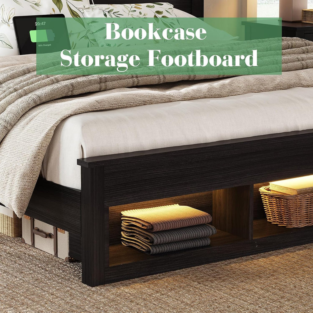 Albott Farmhouse Queen Size Bed Frame with Storage/Bookcase Headboard & Footboard, Wood Platform Bed with LED Lights/Charging Station, Heavy-Duty Metal Support/No Box Spring Needed/Noise-Free, Black