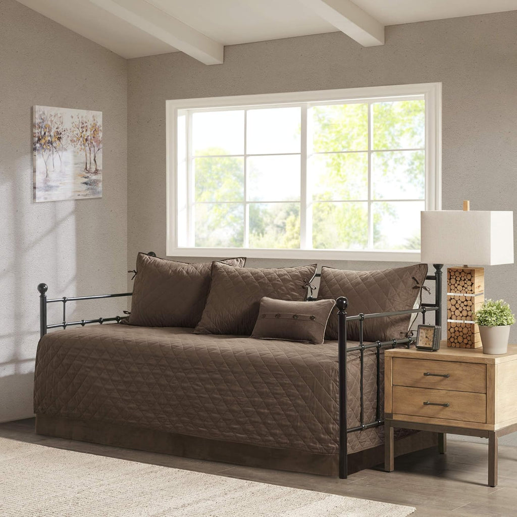 Madison Park Daybed Cover Set - Trendy Design, All Season Luxury Bedding with Bedskirt, Matching Shams, Decorative Pillow, Diamond Quilted Faux Suede Reversible Brown 75'x39' 6 Piece