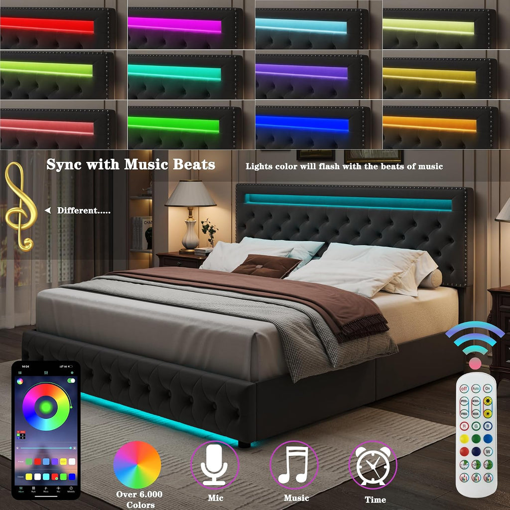 King LED Bed Frame with 4 Drawers, Platform Bed with Headboard, Adjustable Upholstered Diamond Headboard and Frame, No Box Spring Needed, Wooden Slats Support,Velvet Gray
