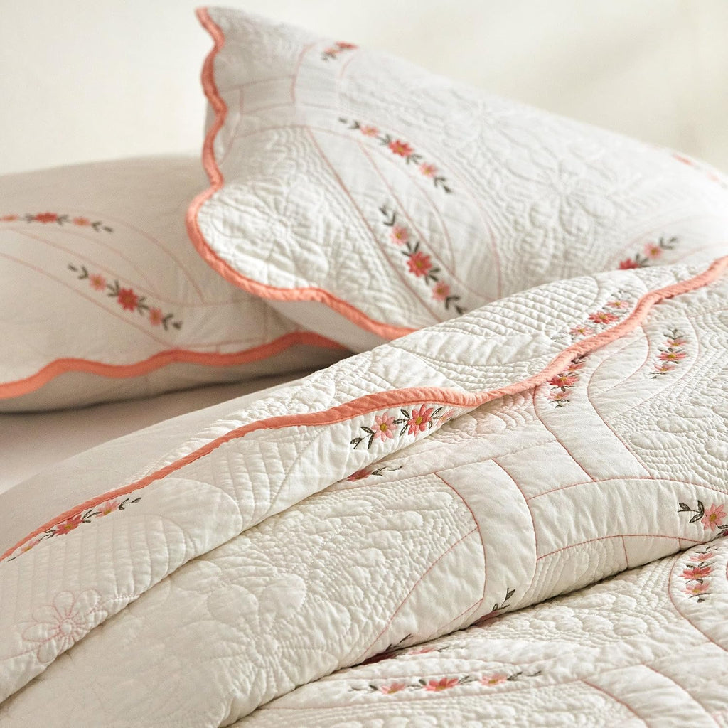 MarCielo 3Pcs Cotton French Country Quilt Bedspread Set Floral Embroidery TC151