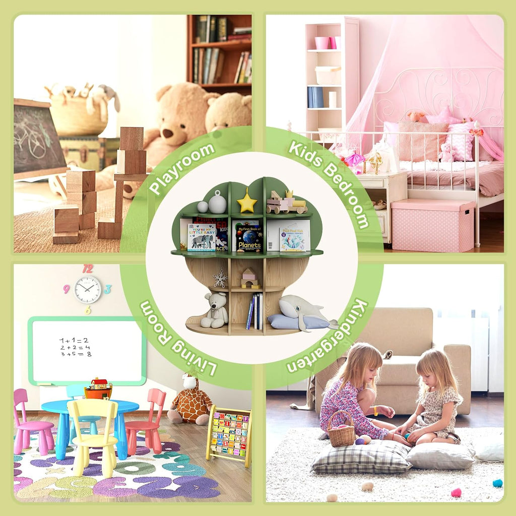 Green Tree Kids Bookshelf Toddler Bookcase 4-Tier Baby Book Rack Children Toy Storage Organizer Forest Wood Display Shelf for Nursery Playroom Bedroom Classroom School Homeschooling Boy Girl's Gift