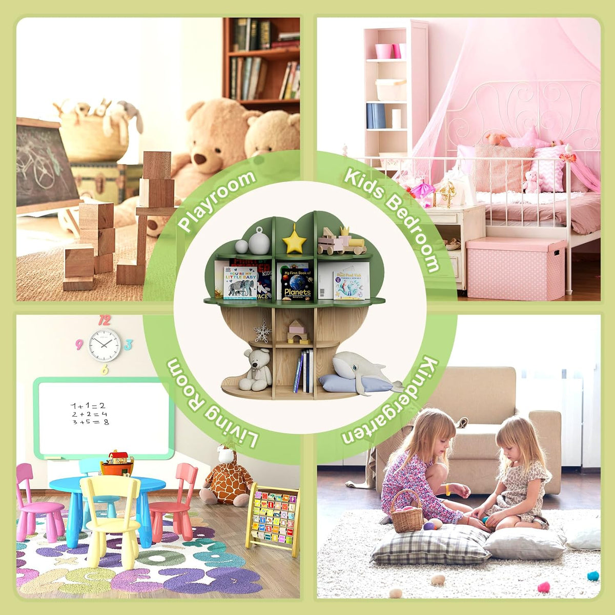 Green Tree Kids Bookshelf Toddler Bookcase 4-Tier Baby Book Rack Children Toy Storage Organizer Forest Wood Display Shelf for Nursery Playroom Bedroom Classroom School Homeschooling Boy Girl's Gift