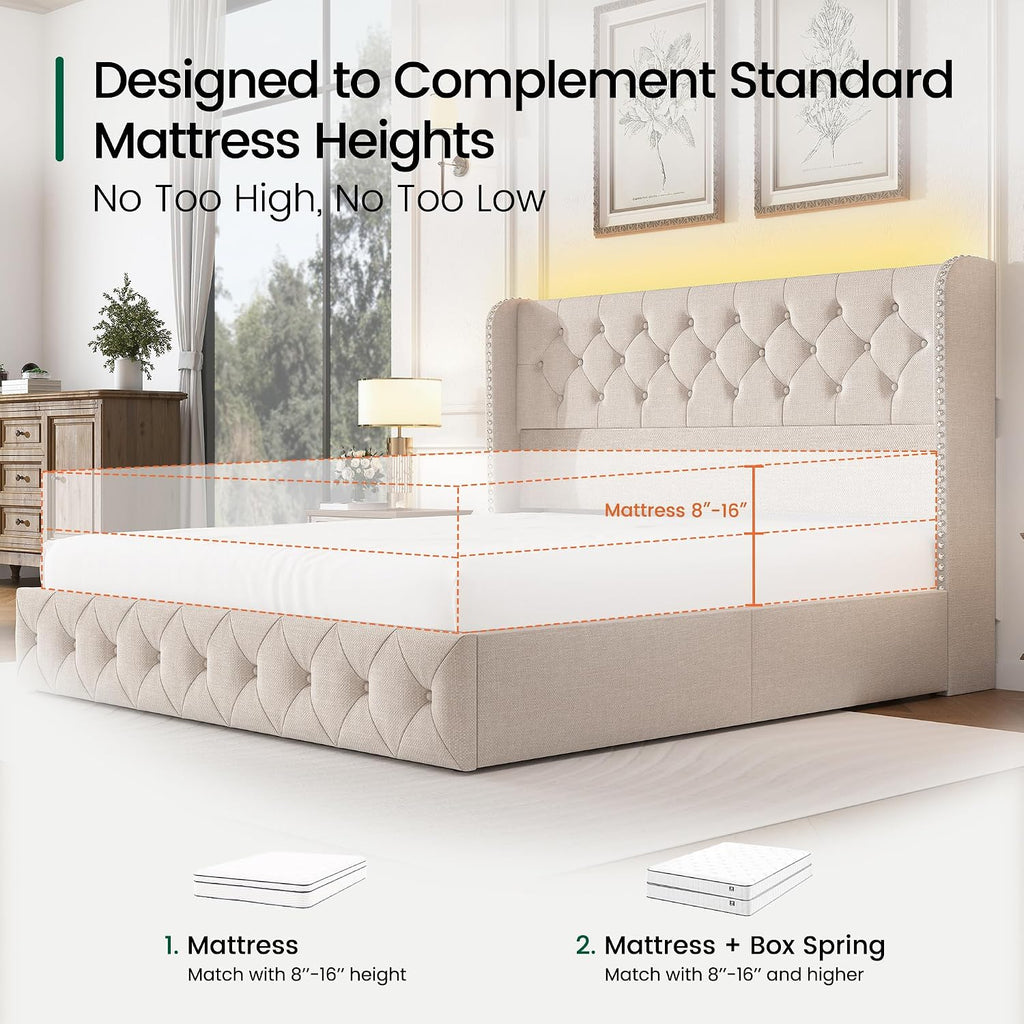 LARMACE King Size Bed Frame with LED Lights and 4 Storage Drawers Linen Upholstered Platform Bed Frame with 47.2' Tall Tufted Headboard Wingback, No Box Spring Needed, Easy to Assemble, Beige