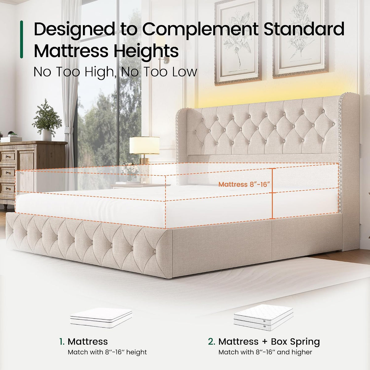 LARMACE King Size Bed Frame with LED Lights and 4 Storage Drawers Linen Upholstered Platform Bed Frame with 47.2' Tall Tufted Headboard Wingback, No Box Spring Needed, Easy to Assemble, Beige