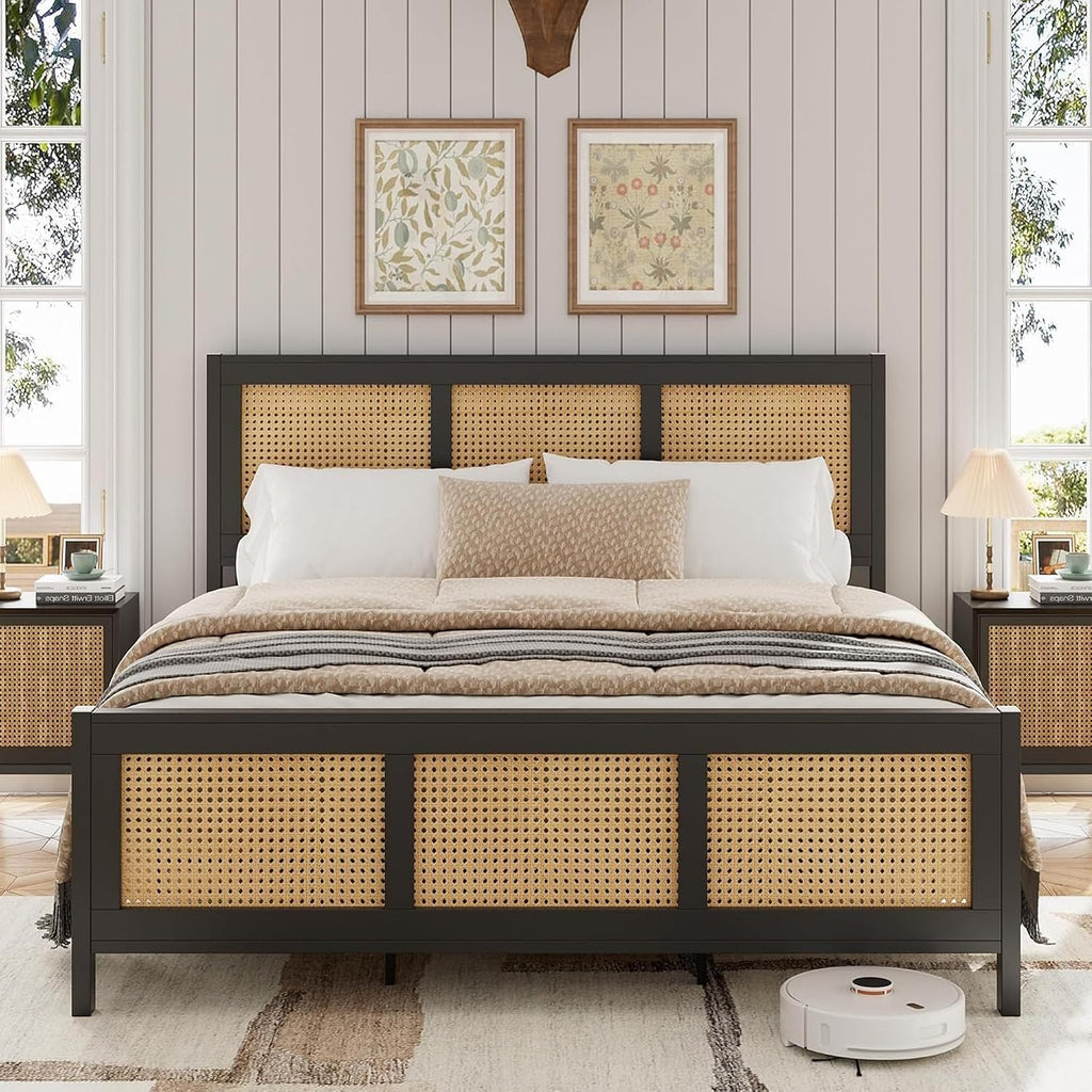 IDEALHOUSE Rattan Bed Frame with Headboard, Boho Full Size Bed Frame with Strong Metal Slats Support, No Box Spring Needed, Noise-Free Design, Black