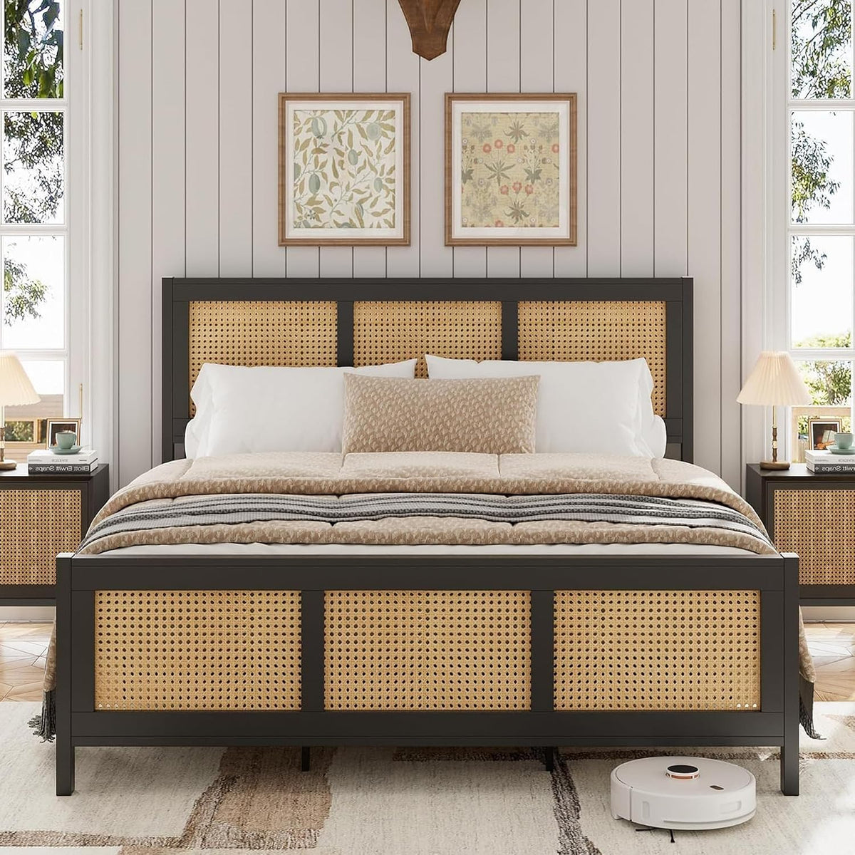 IDEALHOUSE Rattan Bed Frame with Headboard, Boho Full Size Bed Frame with Strong Metal Slats Support, No Box Spring Needed, Noise-Free Design, Black
