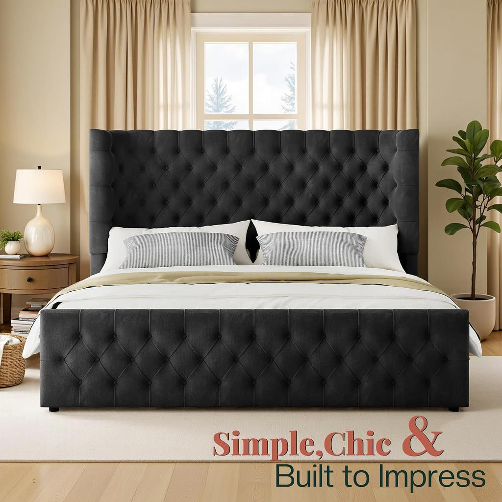 Jocisland King Size Platform Bed Frame, 6.3' Thick Upholstered Curved Wingback Deep Button Tufted Headboard and Footboard, No Box Spring Needed, Easy Assembly, Black Velvet