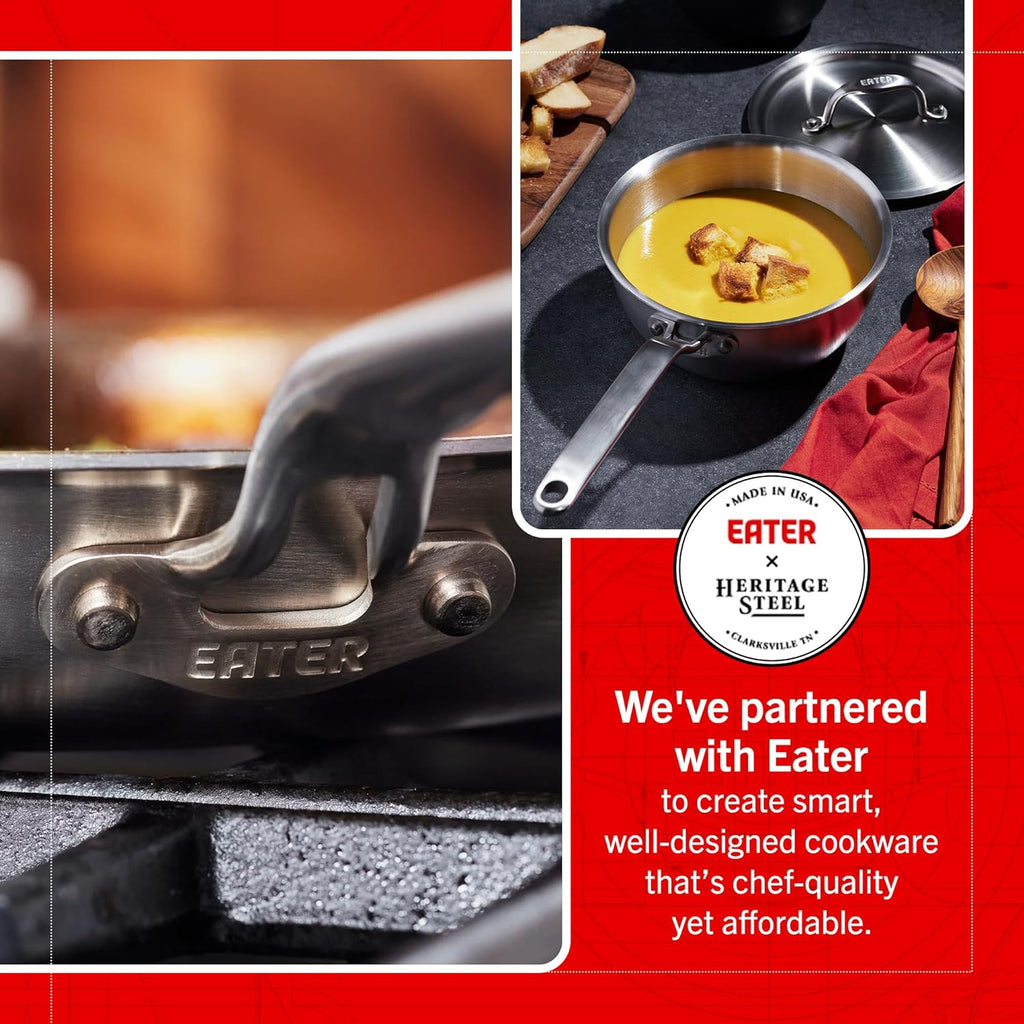 Heritage Steel x Eater 2 Quart Stainless Steel Saucier Pan | 5-Ply Fully Clad | Stay Cool Handle | Induction Compatible | Non-Toxic | Cook like a Pro