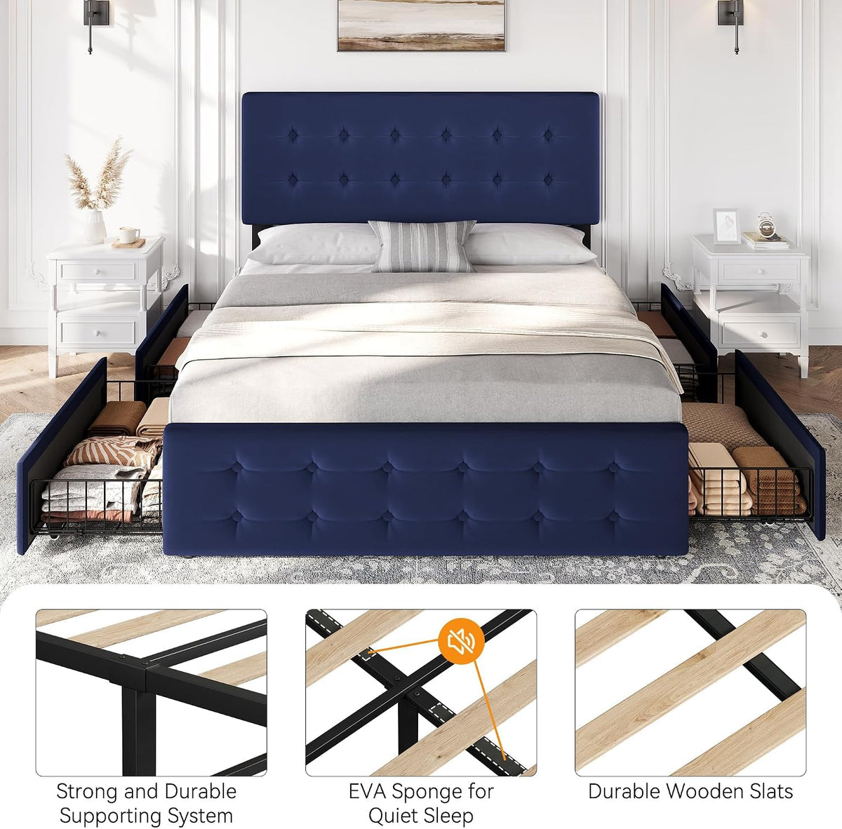 GarveeHome Queen Size Bed Frame with 4 Storage Drawers and Velvet Upholstered Headboard, Wooden Slats Support, Button Tufted Design, No Box Spring Needed, Blue