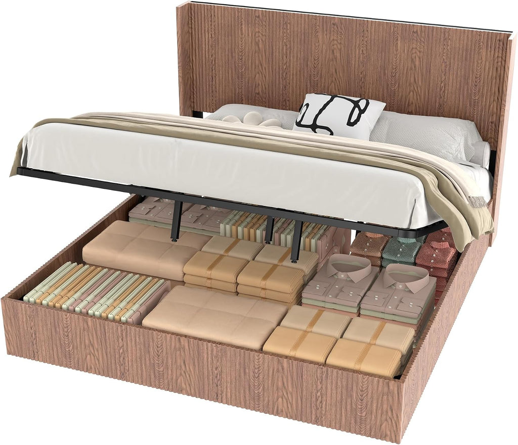 Lift Up Storage Bed King Size, King Bed Frame with Headboard and Lift Storage System, Wood Headboard with Wing-Back and Convex Groove Board Design