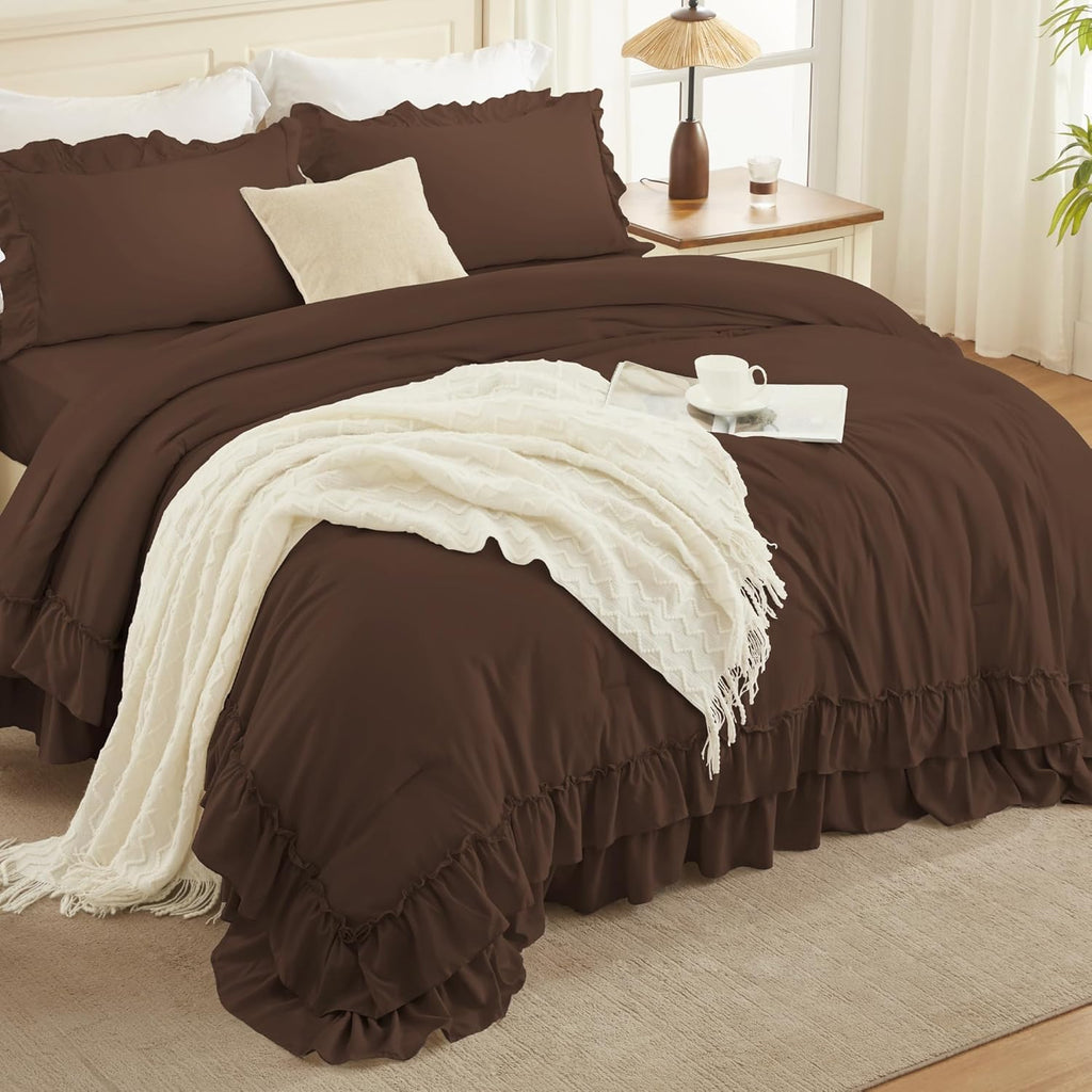 Andency Brown Super King Plus Comforter Set (128x120Inch), 3 Pieces Ruffle Comforter Set with 2 Pillowcases, Farmhouse Shabby Chic Lightweight Fluffy Soft Polyester All Season Bed Set