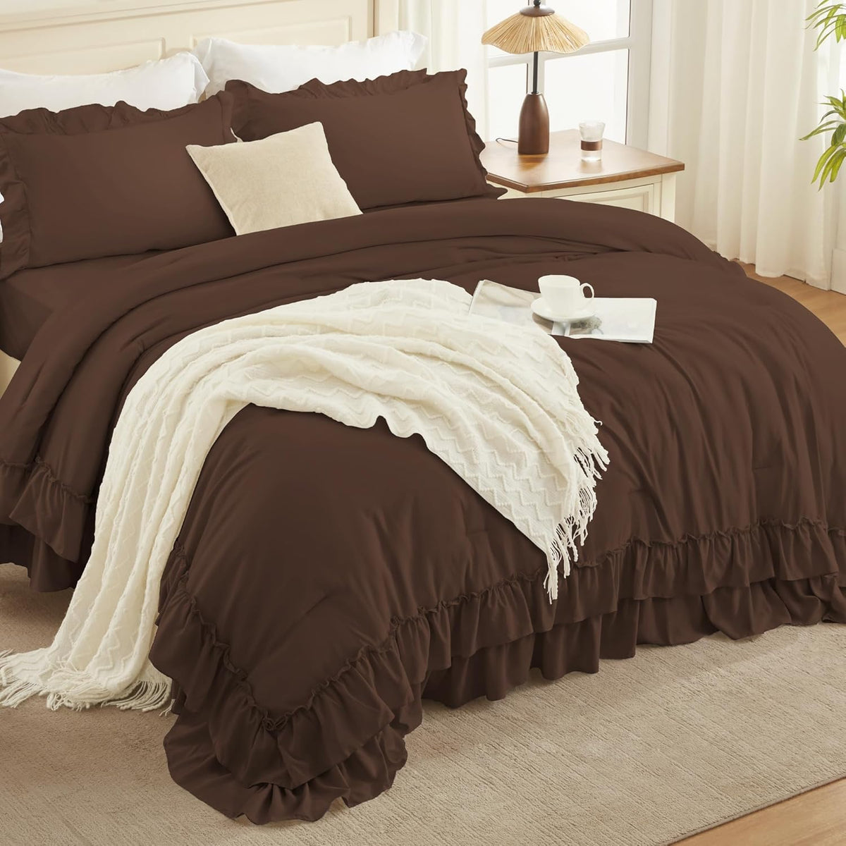 Andency Brown Super King Plus Comforter Set (128x120Inch), 3 Pieces Ruffle Comforter Set with 2 Pillowcases, Farmhouse Shabby Chic Lightweight Fluffy Soft Polyester All Season Bed Set