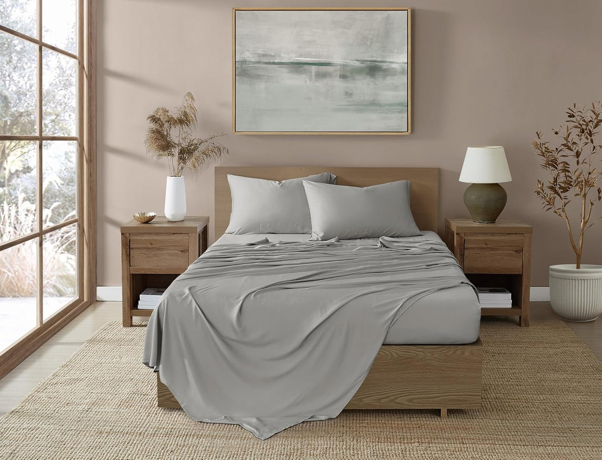 Brooklyn Loom 300 Thread Count 100% Rayon from Bamboo Grey 4 Piece King Sheet Set