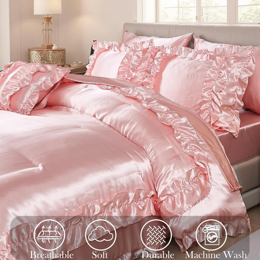 MOVE OVER Satin Comforter King Size 8 Pieces Pink Silky Satin Comforter Set with Sheet Set Luxurious Pink Ruffled Bedding Comforter Set Super Silky Soft Silk Like Satin Bed Set for All Season
