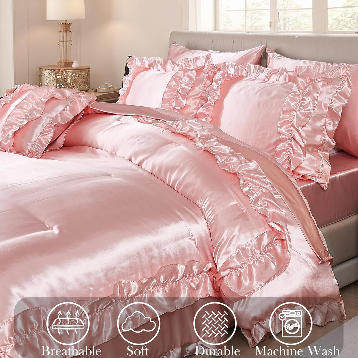 MOVE OVER Satin Comforter King Size 8 Pieces Pink Silky Satin Comforter Set with Sheet Set Luxurious Pink Ruffled Bedding Comforter Set Super Silky Soft Silk Like Satin Bed Set for All Season