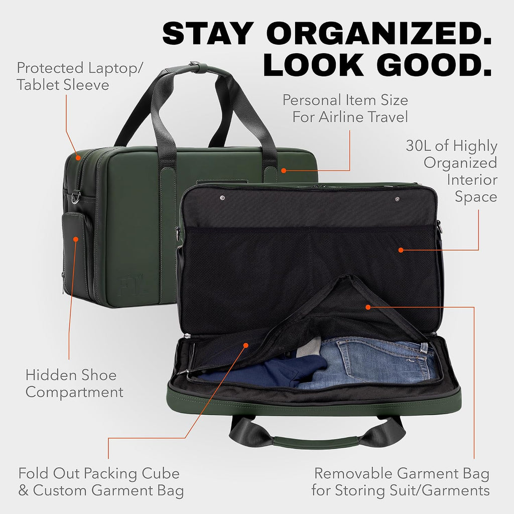 The FTL Pro Mens Travel Bag - 30L Premium Work to Gym Weekender Duffel with Garment Bag, Shoe Space & 18' Laptop Sleeve - Business Carry On Hybrid, Fits Under Airplane Seat - Abbot Green