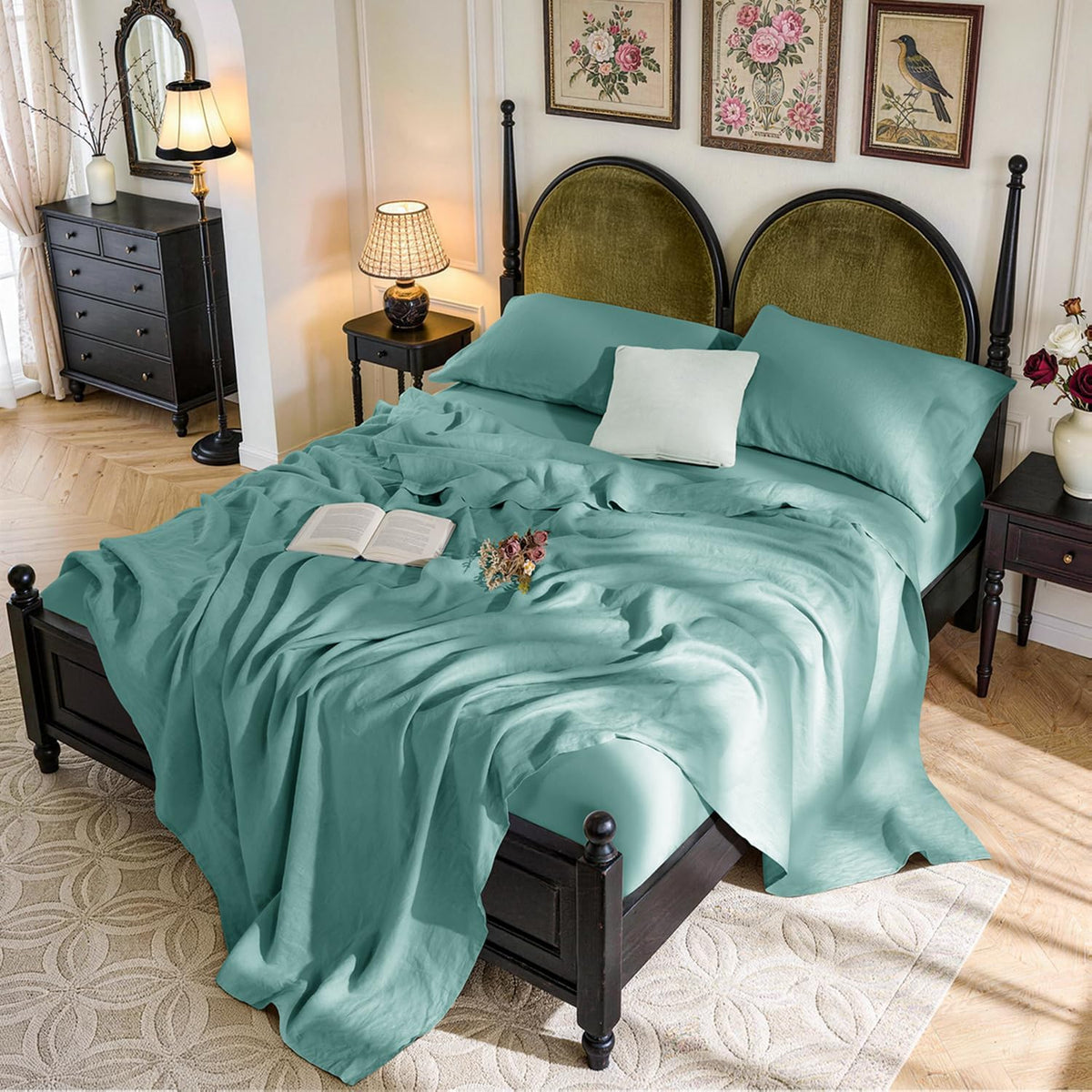 SONORO KATE 100% French Pure Linen Sheets, Breathable and Durable Linen King Size Sheets, Anti-Tear Linen Bed Sheets, Machine Washable, 16 Inch Deep Pocket - 4 Piece (Aqua, King)
