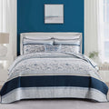 100% Cotton Quilt Set King Size, King Quilt, Patchwork Striped Botanical Quilted Bedspread Lightweight Comforter for King Bed, 3pcs, Navy/Light-Blue/White