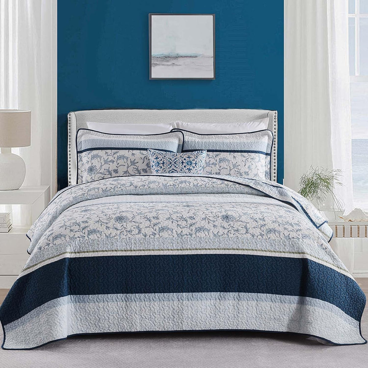 100% Cotton Quilt Set King Size, King Quilt, Patchwork Striped Botanical Quilted Bedspread Lightweight Comforter for King Bed, 3pcs, Navy/Light-Blue/White