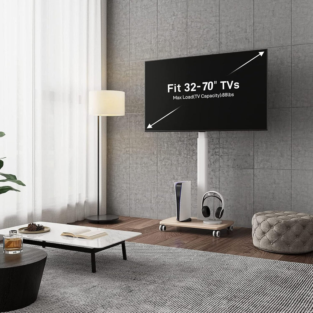 Rolling Tv Floor Stand - Portable Mobile Tv Cart On Wheels, for 37 to 70 Inch Tvs, White Tall Tv Stand with Swivel Mount, Corner Universal Tv Stands for Bedroom, Outdoor, Smal