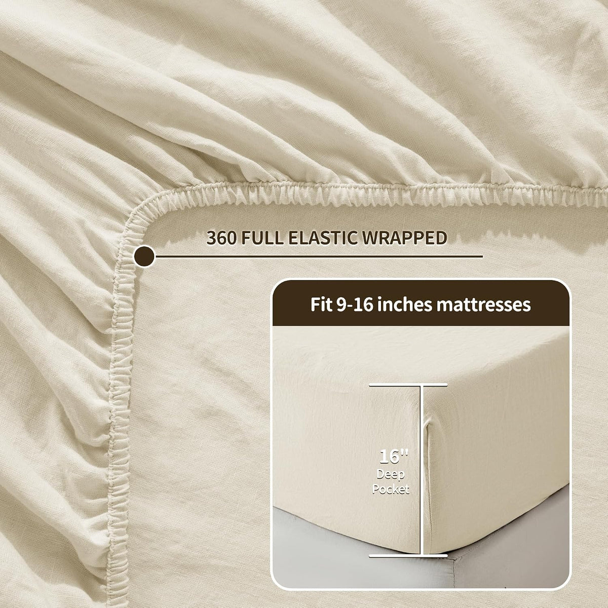 LBRO2M 100% Pure Linen Sheet Set Deep Pocket Up to 16' Bed Sheets Sets, Natural Flax Beddings Soft, Breathable, Comfortable for All Seasons 4 Pcs Sheet Set Queen Size, Beige