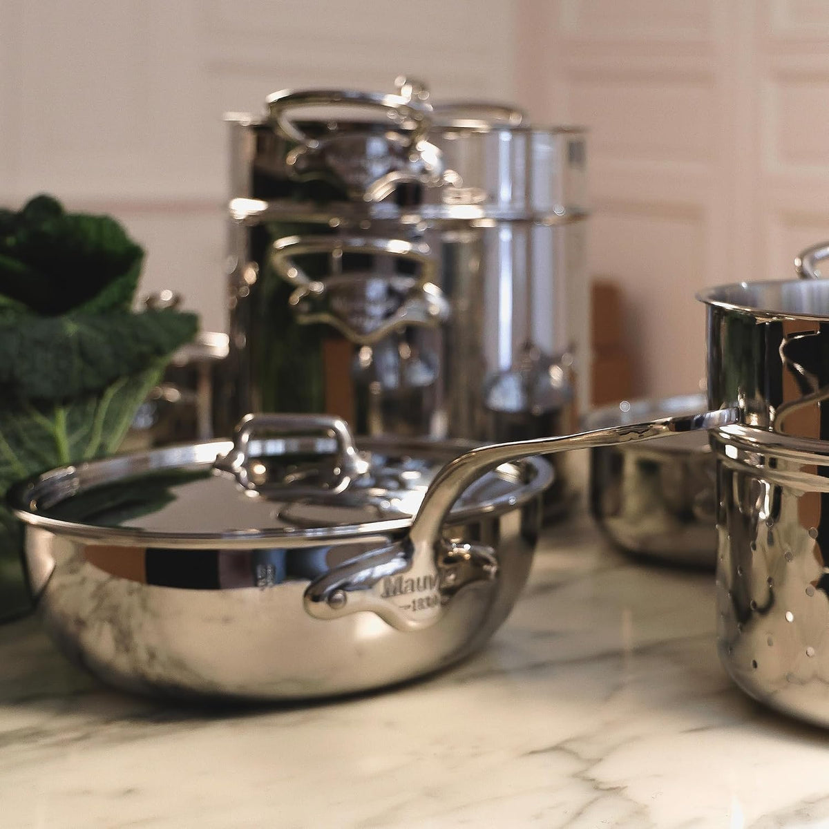 Mauviel M'Urban 4 Tri-Ply Polished Stainless Steel Sauce Pan With Lid and Cast Stainless Steel Handle, 2.6-Qt, Made In France