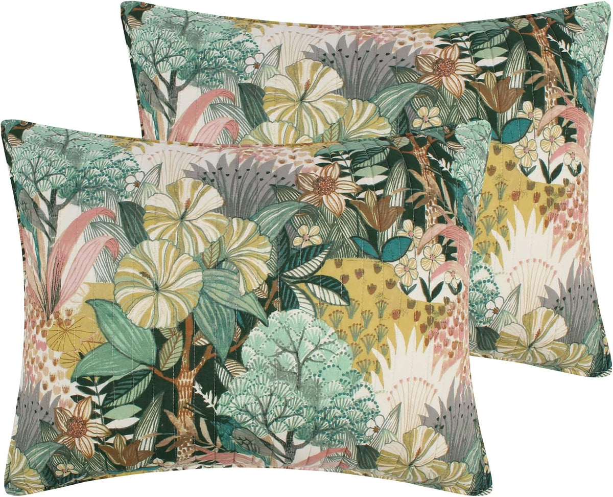 Levtex Home - Ashika Quilt Set - Full/Queen Quilt and Two Standard Shams - Tropical - Green, Blush, Ochre, Grey and Cream - Quilt (88x92in.) and Shams (20x26in.) - Reversible - Cotton