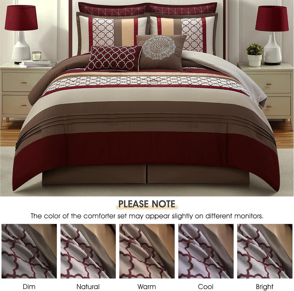 LANCO MODERN LIFESTYLE California King Comforter Set, Berry Taupe Bedding Set, Jacquard Woven with Embroidery, 8 Pieces Bed in a Bag, Bed Skirt, Shams and Decorative Pillows