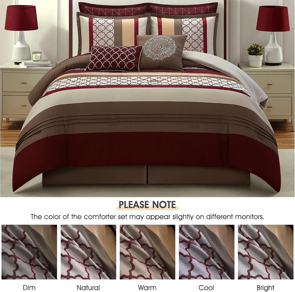 LANCO MODERN LIFESTYLE California King Comforter Set, Berry Taupe Bedding Set, Jacquard Woven with Embroidery, 8 Pieces Bed in a Bag, Bed Skirt, Shams and Decorative Pillows