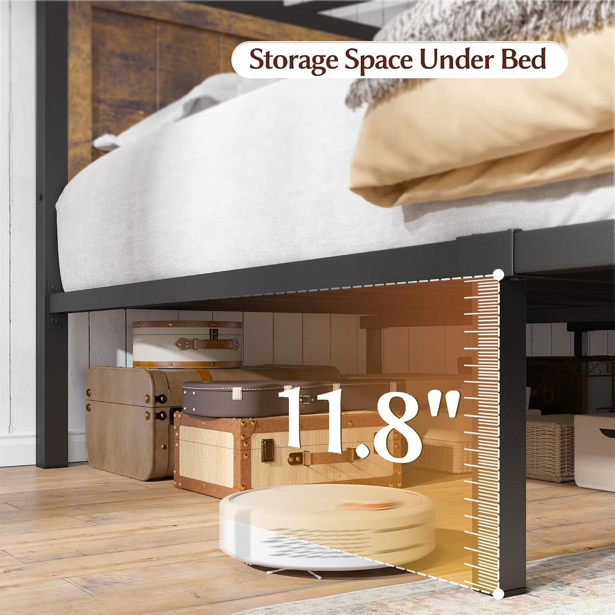 EnHomee Queen Bed Frame with Headboard, 2 Large Drawers Platform Bed with LED Lights and Built-in Charging Station, No Box Spring Needed, Noise-Free Metal Bed for Bedroom,Rustic Brown