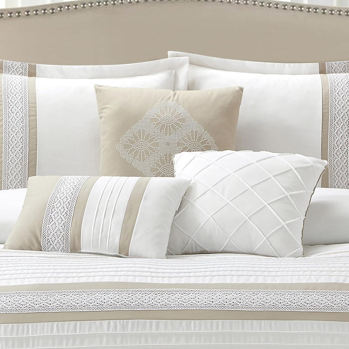 LANCO MODERN LIFESTYLE 7 Piece Comforter Set, Taupe White, King Size, Boho Style Geometric Microfiber Embroidery, Bed in a Bag with Bedskirt, Pillow Shams and Decor Pillows