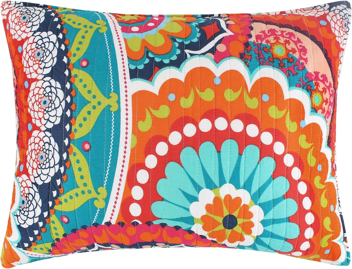 Levtex Home - Serendipity Quilt Set -Twin Quilt + One Standard Pillow Sham - Boho Floral in Orange Teal Red Blue - Quilt Size (68x86in.) and Pillow Sham Size (26x20in.) - Reversible - Cotton