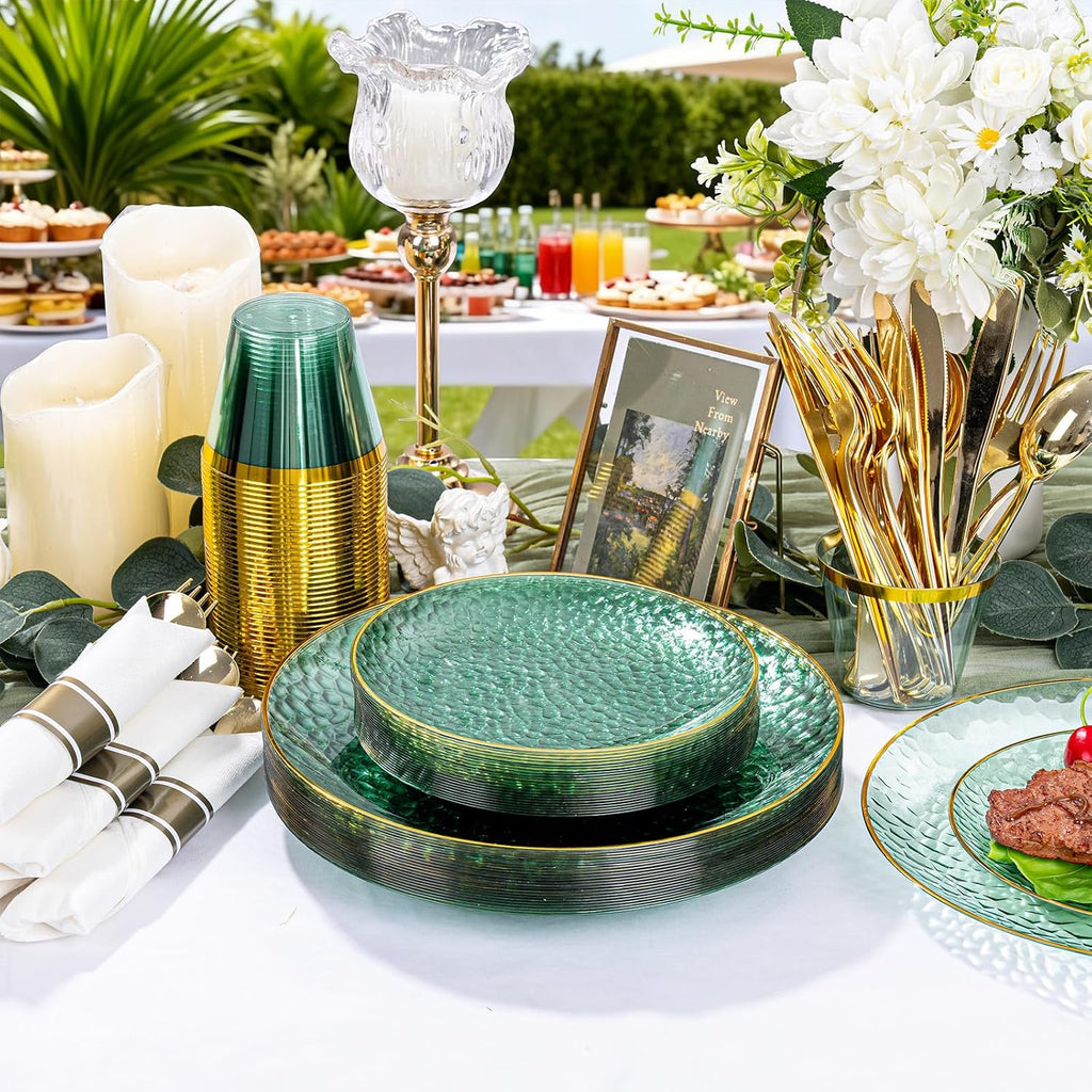 Rubtlamp 700Pcs Green Plastic Plates,Green Gold Plastic Dinnerware Set, Hammered Clear Green Plates with Gold Rim Include 100Dinner Platos,100Cake Platos,100Cups,100Pre Rolled Silverware