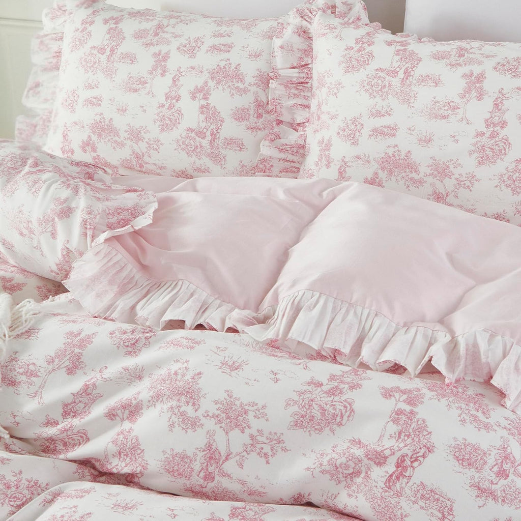 Brandream French Country Toile Duvet Quilt Cover King Size 100% Cotton Bedding Set Toile Tapestry Pattern Garden Floral Printed Blossom Tree Branches Delicate Ruffle Fringe Design