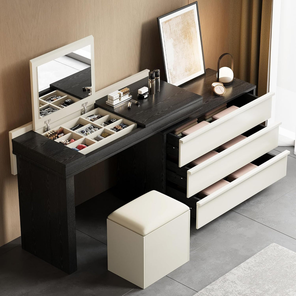 gaoyaangjiaju Mid Century Modern Makeup Vanity Desk, 47'-70' Extendable Makeup Desk with Mirror, Jewelry Organizer, Three Drawers and Matching Stool,Black & Beige