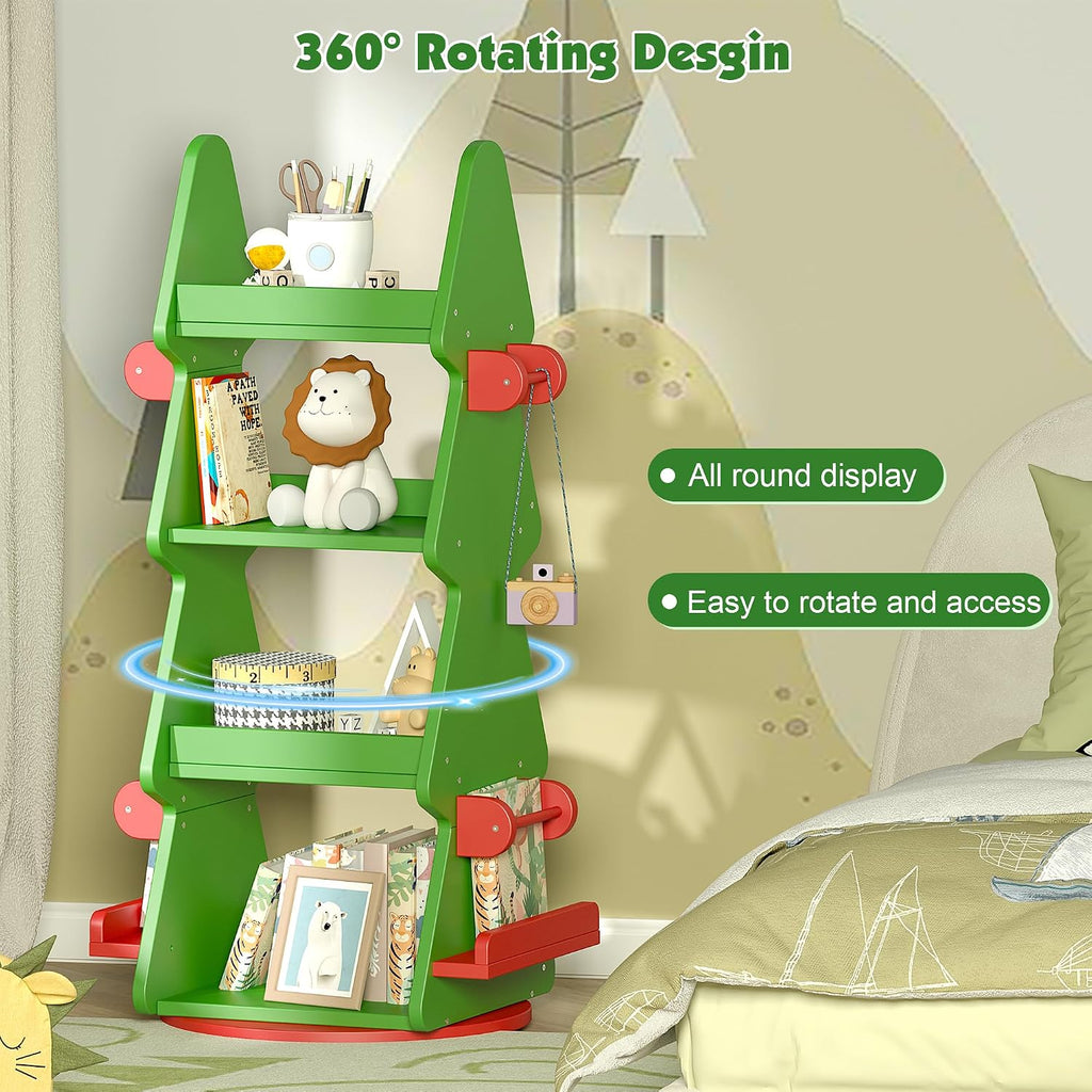 HedoAjim 4-Tier 360° Rotating Kids Bookshelf, Wooden Christmas Tree Bookcase Toy Storage Organizer for Boys & Girls, Nursery, Playroom, Bedroom