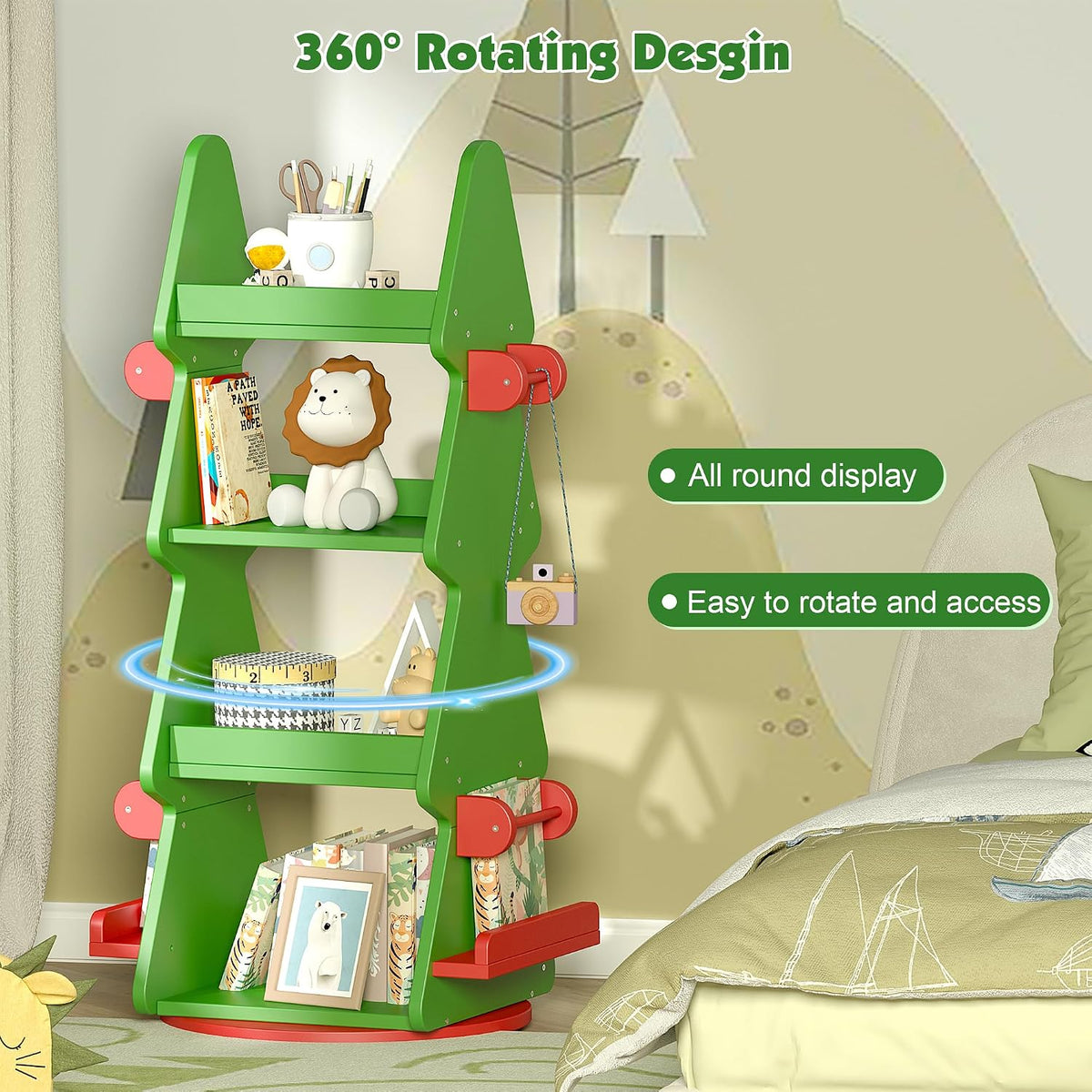 HedoAjim 4-Tier 360° Rotating Kids Bookshelf, Wooden Christmas Tree Bookcase Toy Storage Organizer for Boys & Girls, Nursery, Playroom, Bedroom