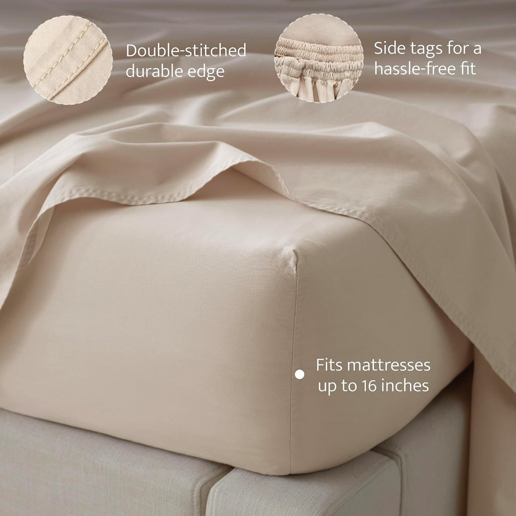 Double Stitch 100% Organic Cotton Sheets, King Size Sheets Set, GOTS Certified Long Staple Cotton Bedsheets, Luxury & Soft Hotel Bed Sheets with 16 inches Deep Pocket, Made in India Beige