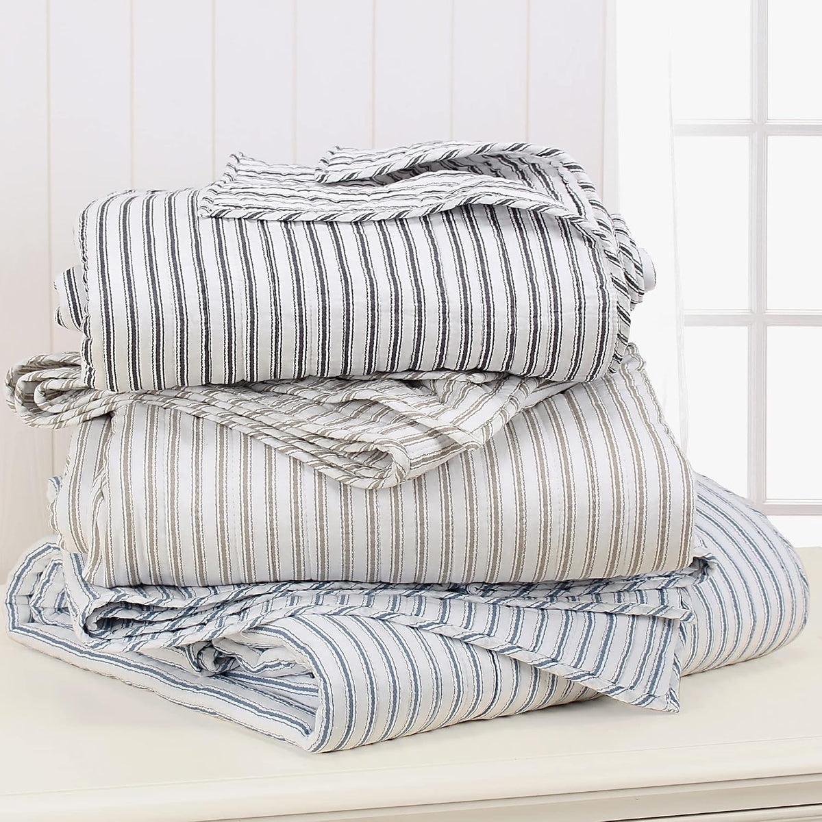 Levtex Home Tobago Stripe Blue Reversible King/Cal King Quilt Set (106x92in) and 2 Pillow Shams (36x20in) - Striped - Blue, White - Cotton King Size Quilt Bedding Set - Lightweight, Soft, Pre-Washed