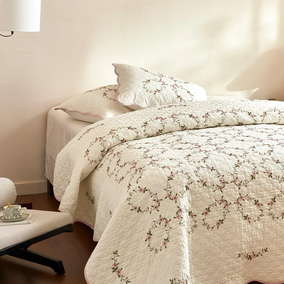 MarCielo 3Pcs Cotton French Country Floral Quilt Bedspread Set Cottagecore Style TC154