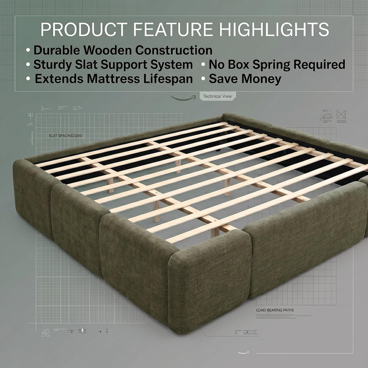 JIJIWANG California King Boucle Upholstered Platform Bed Frame, Linen Grounded Bed with Headboard and Footboard, Block Style Bed for Adults Kids Green