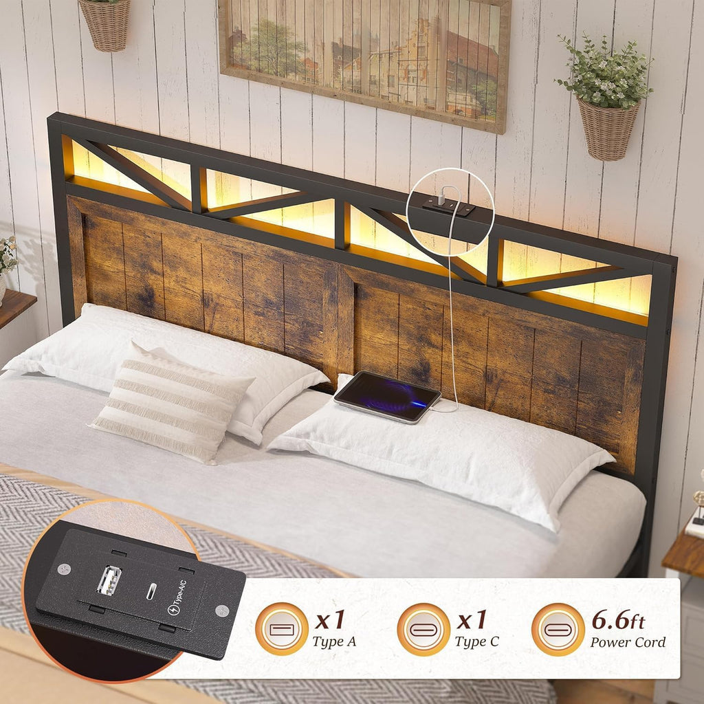 EnHomee King Size Bed Frame with Headboard, 2 Large Drawers Platform Bed with LED Lights and Built-in Charging Station, No Box Spring Needed, Noise-Free Metal Bed for Bedroom,Brown