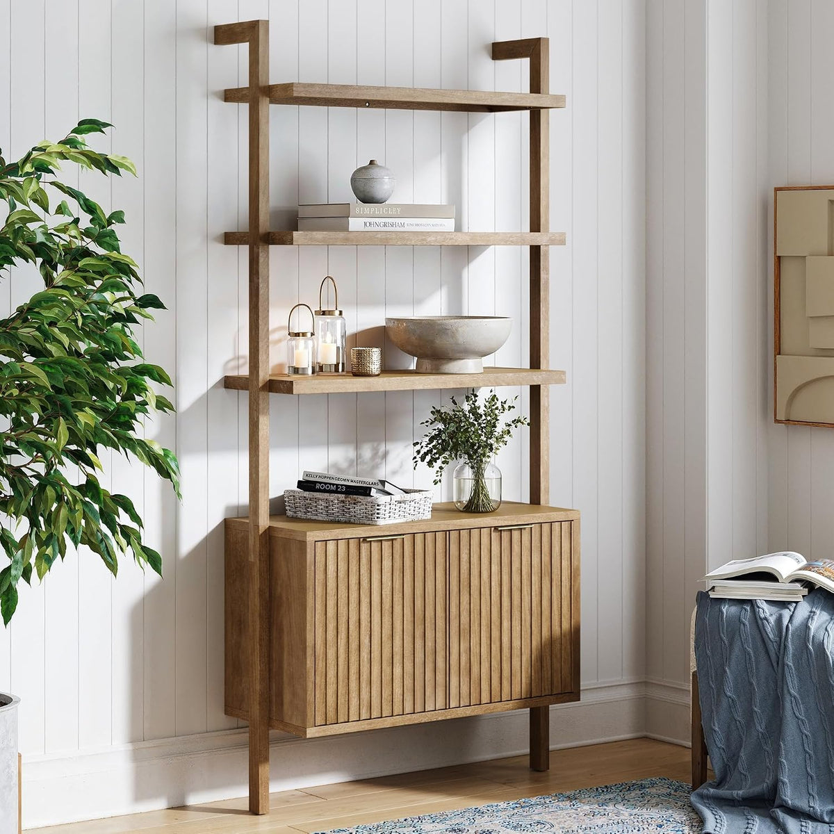 Nathan James Jasper 3-Shelf Solid Wood Boho Bookshelf, Wall Mounted Bookshelf with Cabinet with Fluted Doors, Light Brown