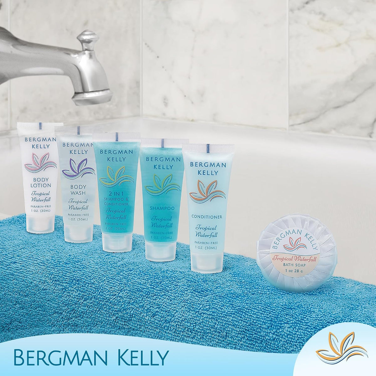 BERGMAN KELLY - Travel Size Lotion - 1 fl oz, 18000 PK, Tropical Waterfall - Delight Your Guests w/Invigorating & Refreshing Body Lotion - Quality Mini & Small Size Guest Hotel Toiletries in Bulk