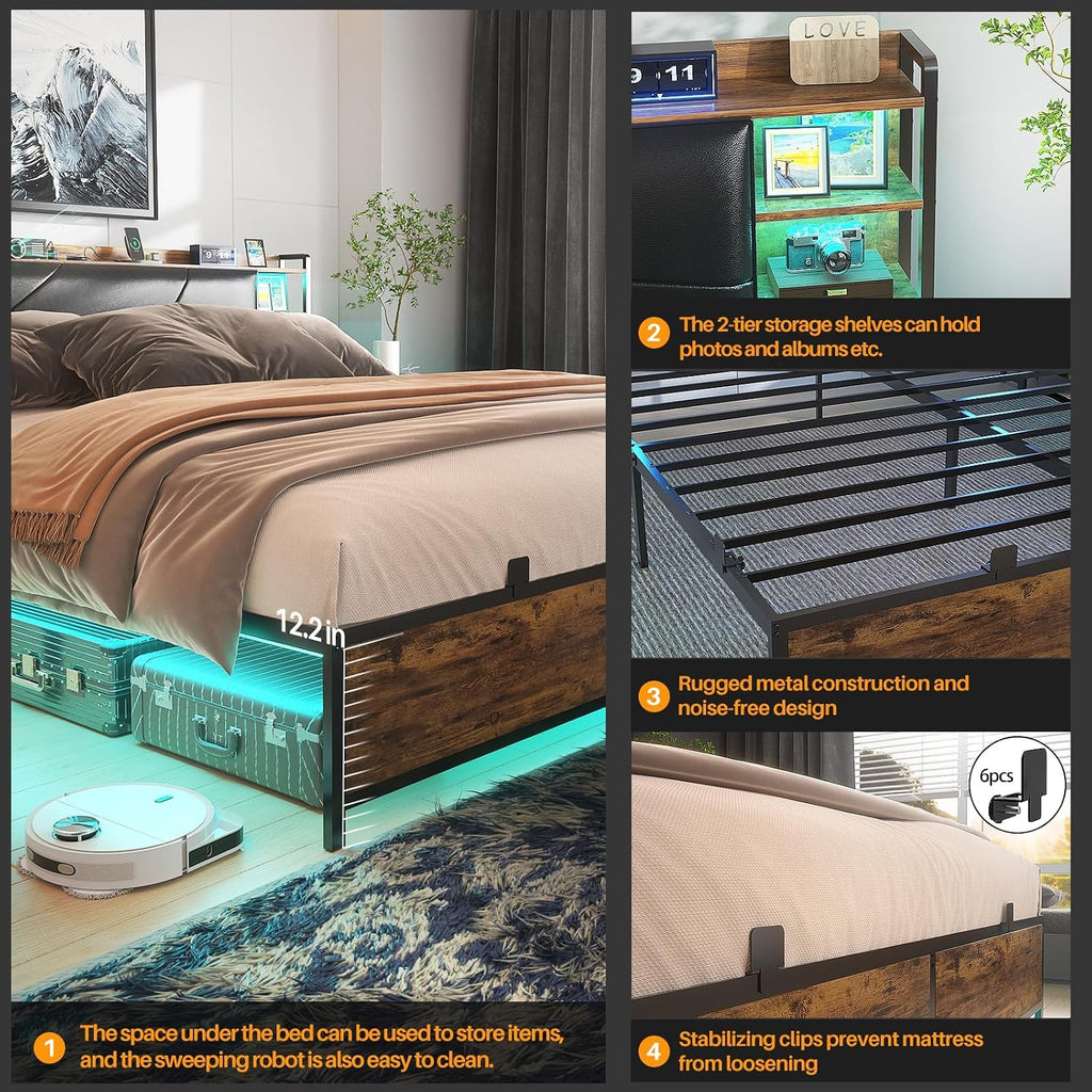 Unikito Cool Queen Size Bed Frame with RGB LED Lights and Power Outlets, Sturdy Platform Bed with Storage Upholstered Headboard, Strong Metal Slats, No Box Spring Needed, Easy Assembly, Vintage