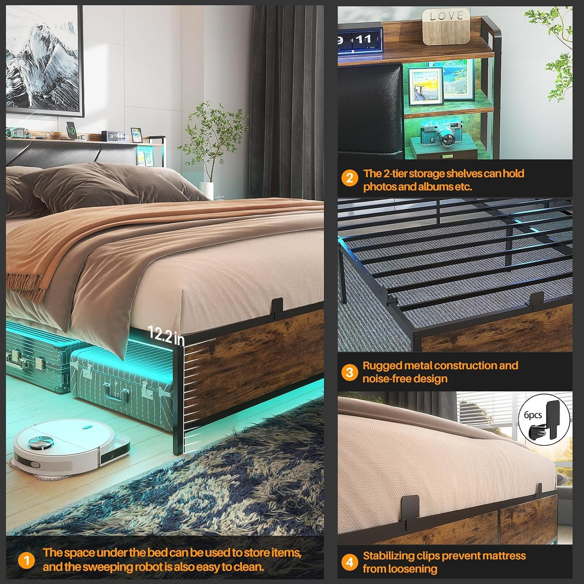 Unikito Cool Queen Size Bed Frame with RGB LED Lights and Power Outlets, Sturdy Platform Bed with Storage Upholstered Headboard, Strong Metal Slats, No Box Spring Needed, Easy Assembly, Vintage